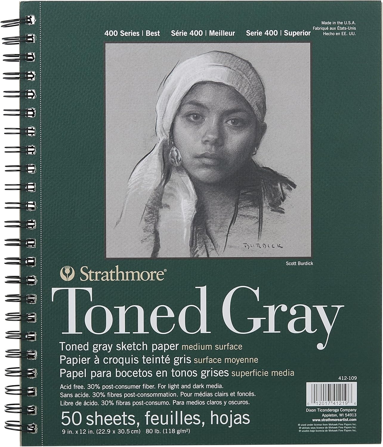 Strathmore 400 Series Wire Bound Toned Sketch Pad, 80 lb. Paper, 11 X 14 inches, Gray, 50 Sheets (412-111)(9×12)
