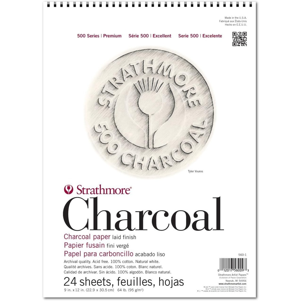 Strathmore 500 Series Wire Bound Charcoal Pad, 64 lb. Laid Surface, 9 X 12 inches, White, 24 Sheets (560-1)