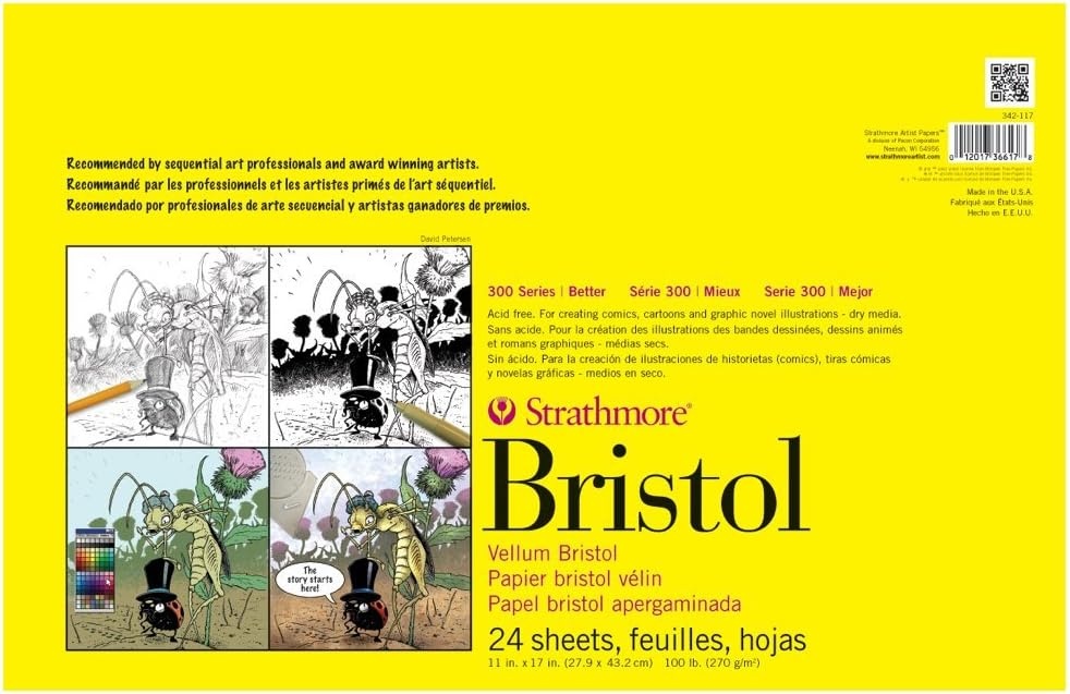 Strathmore 300 Series Bristol Paper Board, Smooth, 11×17 inches, 24 Sheets (100lb/270g) – Artist Paper for Adults and Students – Markers, Pen and Ink(Vellum)
