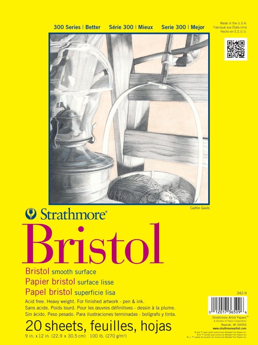 Strathmore 300 Series Bristol Paper Pad, Smooth, Tape Bound, 14×17 inches, 20 Sheets (100lb/270g) – Artist Paper for Adults and Students – Markers, Pen and Ink(Smooth)