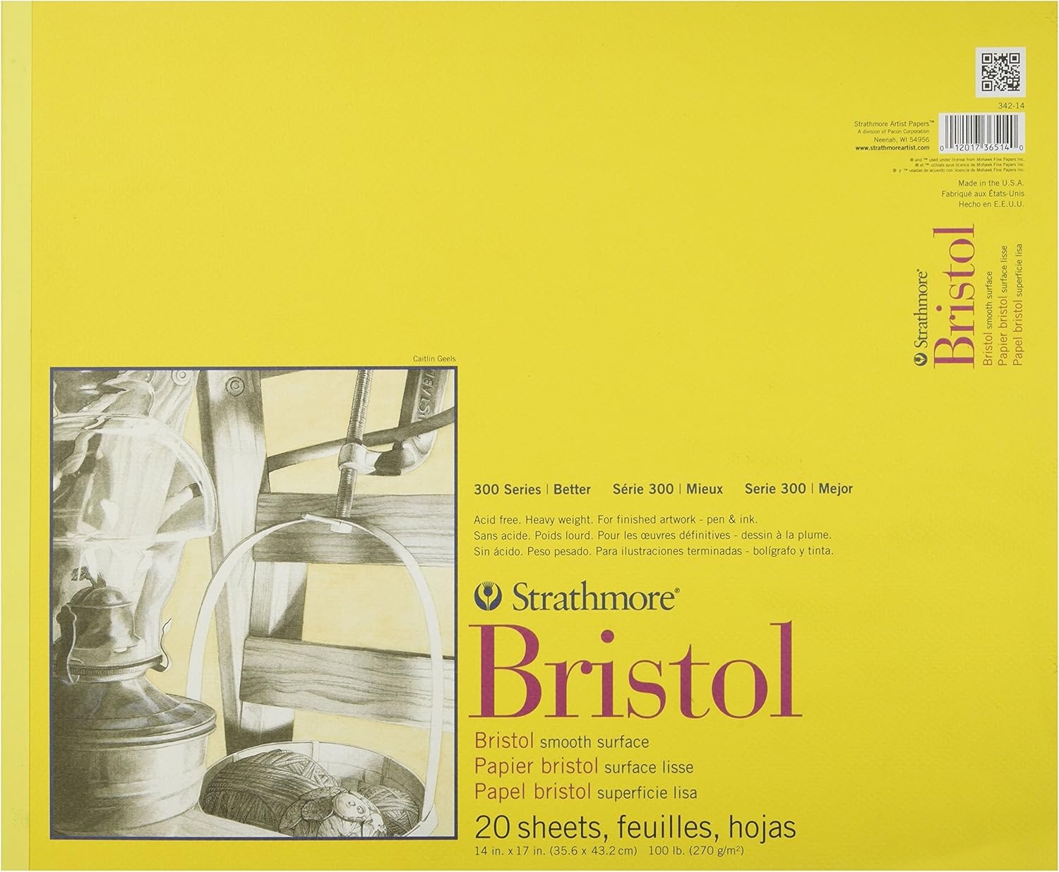 Strathmore 300 Series Bristol Paper Pad, Smooth, Tape Bound, 14×17 inches, 20 Sheets (100lb/270g) – Artist Paper for Adults and Students – Markers, Pen and Ink(Smooth)