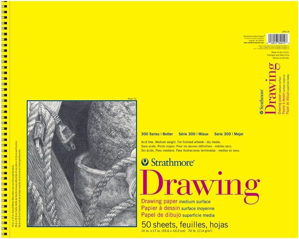 Strathmore 300 Series Wire Bound Drawing Pad, 70 lb. Drawing Paper, 9 X 12 inches, White, 50 Sheets (340-9)(14×17)
