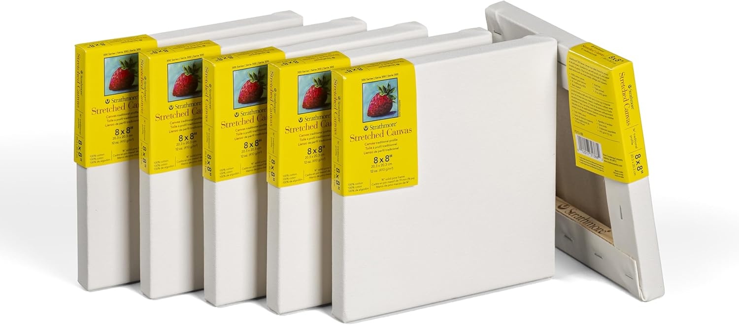 Strathmore 300 Series Gallery Stretched Canvas Pack, 8×10 inch, 3 Pack, Art Canvas for Students Professionals(8×8 inch)