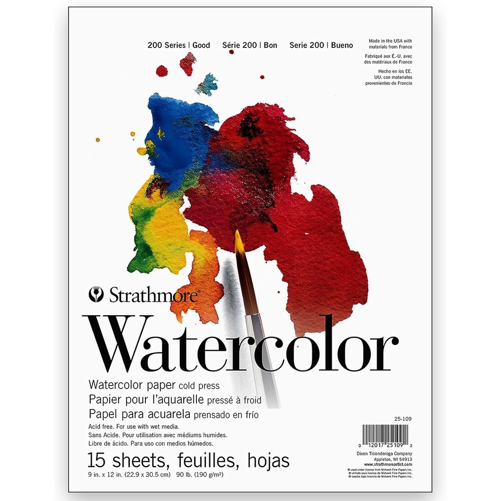 Strathmore 200 Series Watercolor Paper, Tape Bound Pad, 9×12 inches, 15 Sheets (90lb/190g) – Artist Paper for Adults and Students – Watercolors, Mixed Media, Markers and Art Journaling
