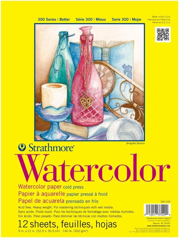Strathmore 300 Series Watercolor Paper Pad, Top Wire Bound, 9×12 inches, 12 Sheets (140lb/300g) – Artist Paper for Adults and Students – Watercolors, Mixed Media, Markers and Art Journaling(9×12)