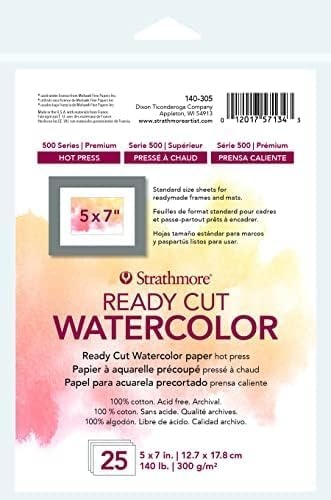 Strathmore 500 Series Ready Cut Watercolor Sheets, 140 lb. Cold Press, 5 X 7 inches, White, 25 Sheets (140-205)(Ready Cut  Hot Press)
