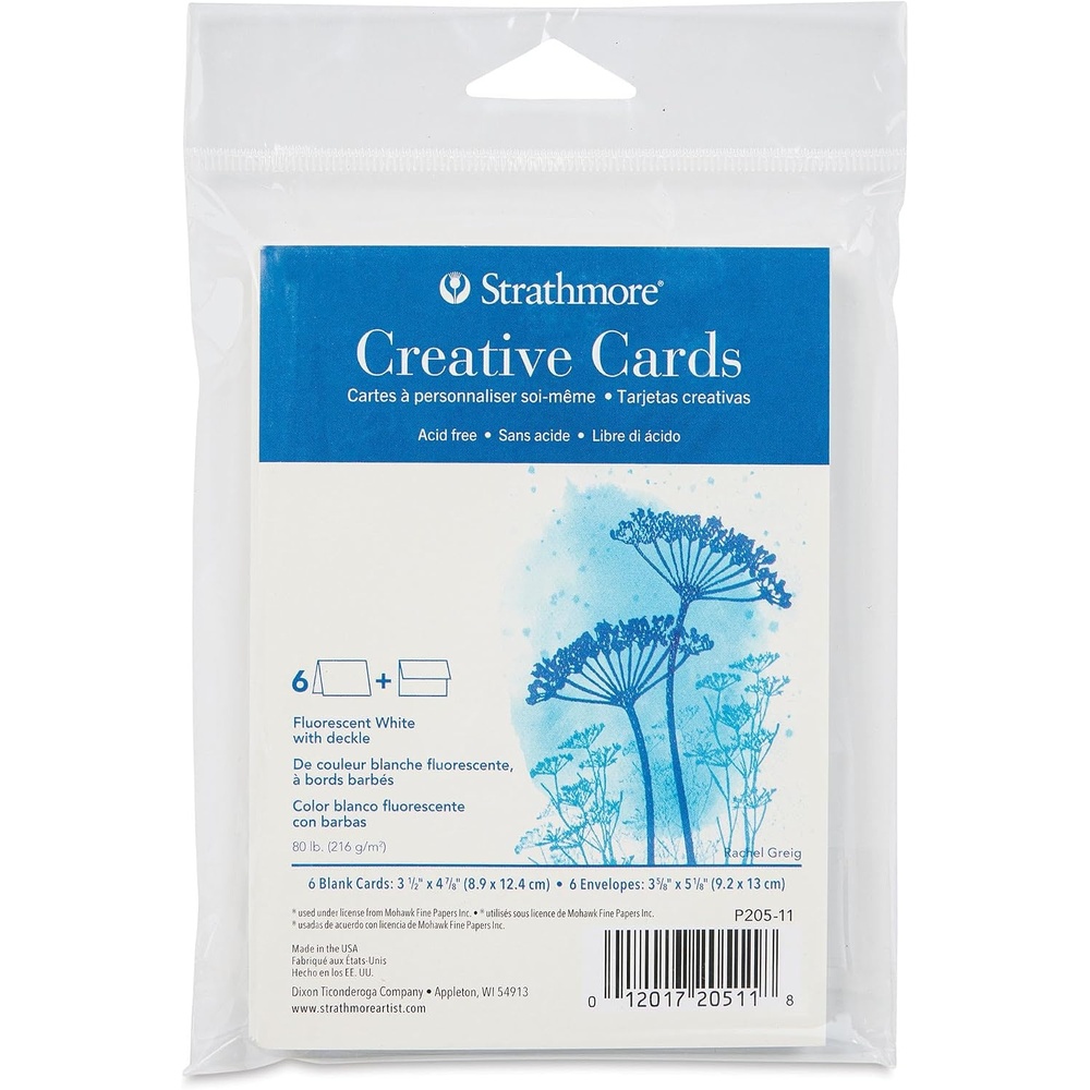 Strathmore Creative Cards, Flourescent White with Deckle Edge, Announcement Size, 3.5×4.875 inches, 6 Pack, Envelopes Included – Custom Greeting Cards for Weddings, Events, Birthdays
