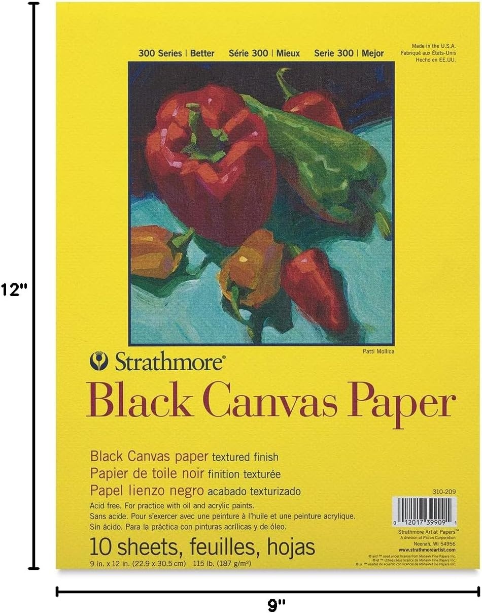 Strathmore 300 Series Canvas Paper Pad, Black, Glue Bound, 9×12 inches, 10 Sheets (115lb/187g) – Artist Paper for Adults and Students – Acrylic and Oil Paints(9″x12″)